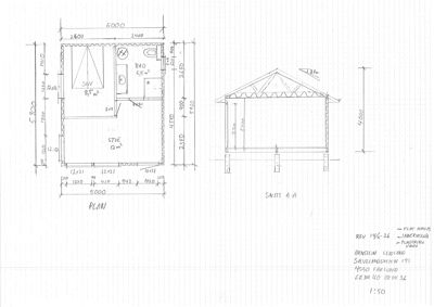 Bildet viser en håndtegnet etasjeplan (PLAN) med romfordeling (SOV, BAD, STUE) og mål, samt tilhørende snittegning (SNITT A-A).