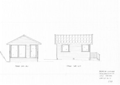 Håndtegning som viser fasadetegninger av en bygning sett fra to ulike vinkler (sør-øst og sør-vest).