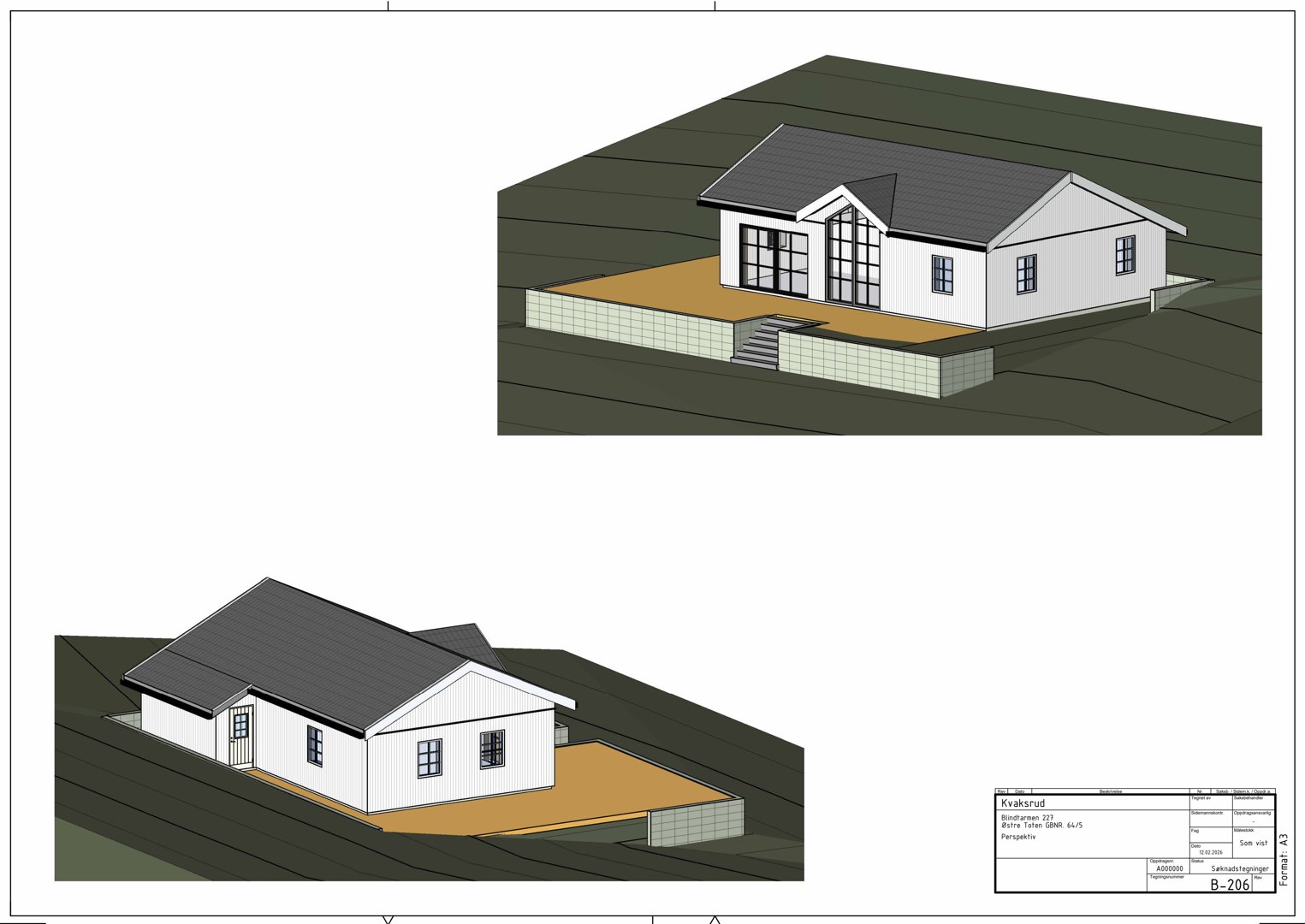 3D-visualisering av en husmodell sett fra to ulike vinkler (perspektiv), med omgivende terreng og en tegningsblokk i hjørnet.
