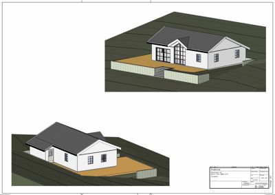 3D-visualisering av en husmodell sett fra to ulike vinkler (perspektiv), med omgivende terreng og en tegningsblokk i hjørnet.