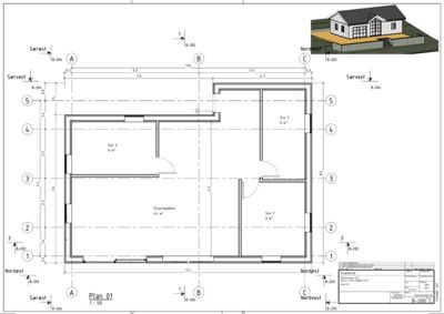 Etasjeplan (Plan 01) som viser romfordeling, dimensjoner og orientering for en bolig.