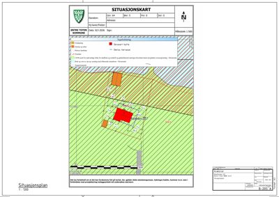 Situasjonskart som viser eiendomsnummer, bebyggelse, arealer og topografi for en tomt i Østre Toten kommune.