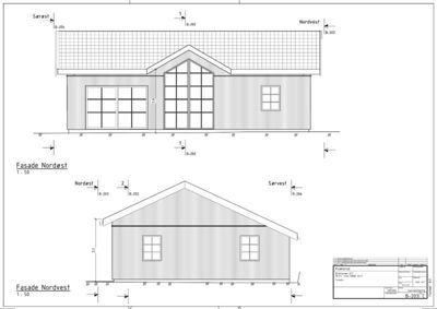 Fasadetegning som viser bygningens utsyn fra Nordøst og Nordvest, inkludert vinduer, takform og mål.