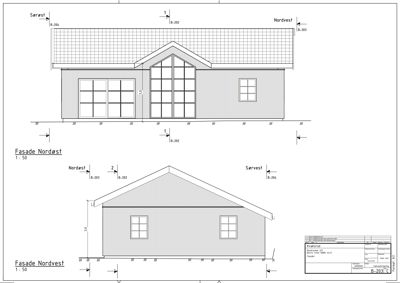 Fasadetegning som viser bygningens utsyn fra Nordøst og Nordvest, inkludert vinduer, takform og mål.