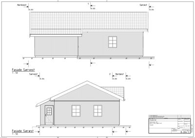 Fasadetegning som viser bygningens utseende fra fire sider (Nordvest, Sørvest, Nordøst og Sørøst) med mål og detaljer.