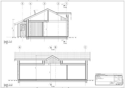 Snittegning (Snitt 1-1 og Snitt 2-2) som viser bygningens tverrsnitt, høyder, takform og konstruksjon.