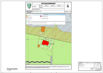 Situasjonskart som viser eiendomsnummer, bebyggelse, arealer og topografi for en tomt i Østre Toten kommune.