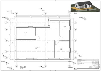 Etasjeplan (Plan 01) som viser romfordeling, dimensjoner og orientering for en bolig.