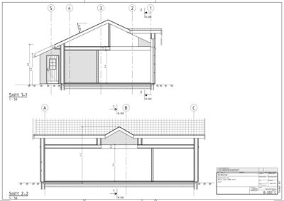 Snittegning (Snitt 1-1 og Snitt 2-2) som viser bygningens tverrsnitt, høyder, takform og konstruksjon.