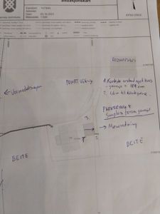Situasjonskart med eiendomsgrenser, vei, beite og håndskrevne notater om byggeforhold.