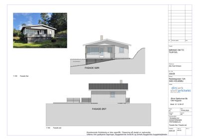 Bildet viser en tegning av fasaden sett fra sør og øst, inkludert et fotografi av den eksisterende bygningen.