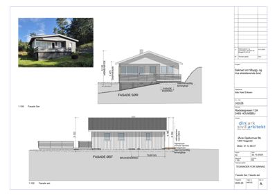 Snittegning som viser fasade og tverrsnitt av bygningen med mål og detaljer.