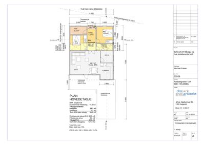 Etasjeplan (PLAN HOVEDATASJE) som viser romfordeling, mål og areal for en bolig.