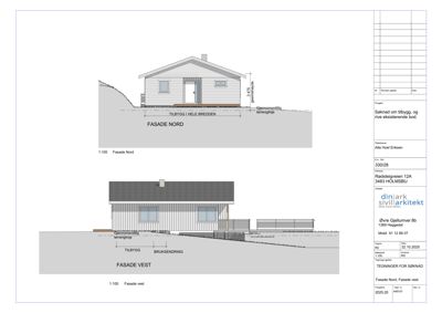 Fasadetegning som viser bygningens utseende sett fra nord og vest, inkludert mål og konstruksjonsdetaljer.