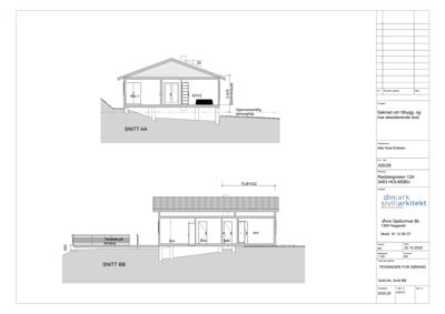 Snittegning (SNITT AA og SNITT BB) som viser bygningens tverrsnitt, høyder og romfordeling.