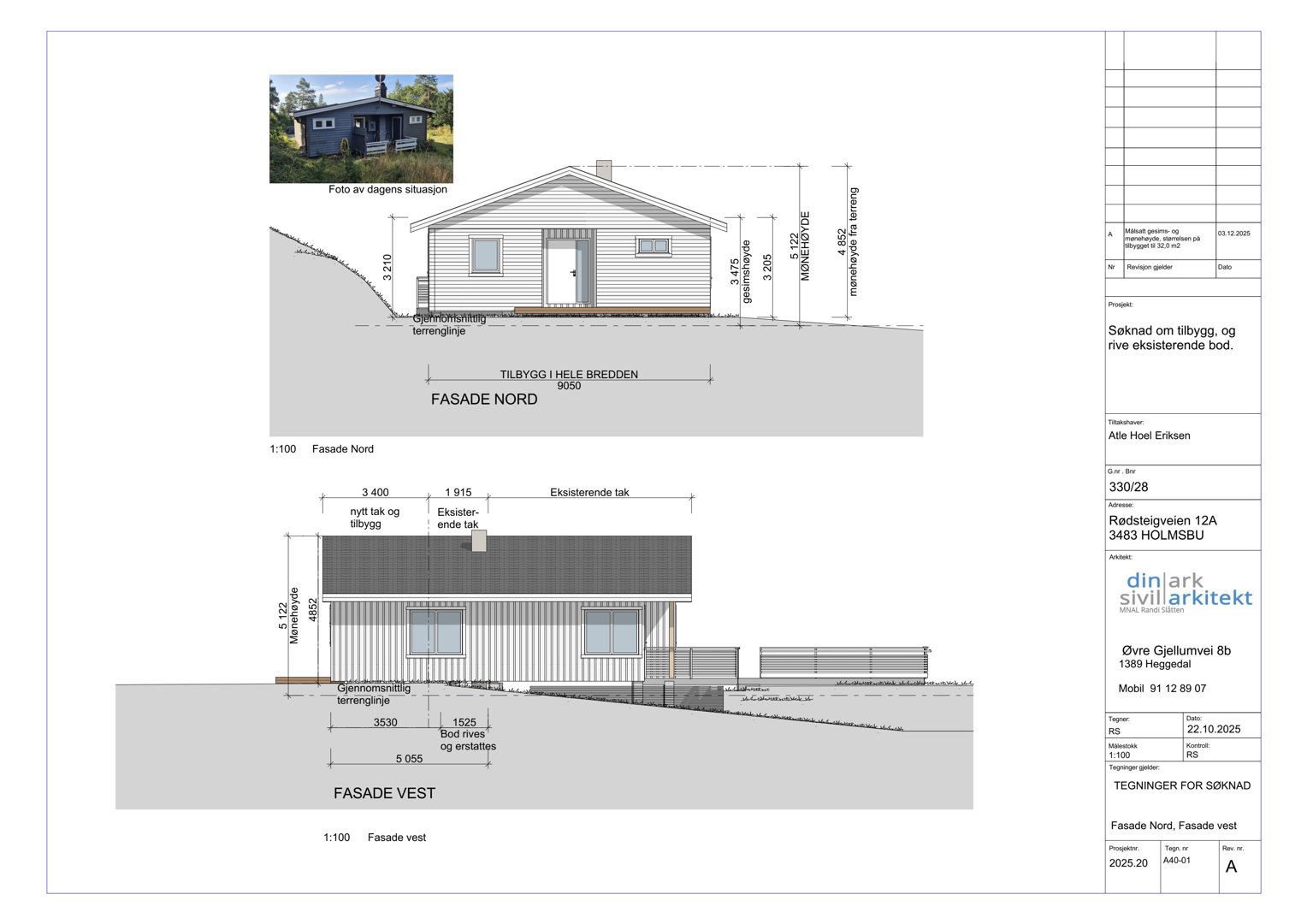 Fasadetegning som viser bygningens utseende fra nord og vest, inkludert mål og eksisterende tilstand.