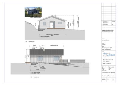 Fasadetegning som viser bygningens utseende fra nord og vest, inkludert mål og eksisterende tilstand.