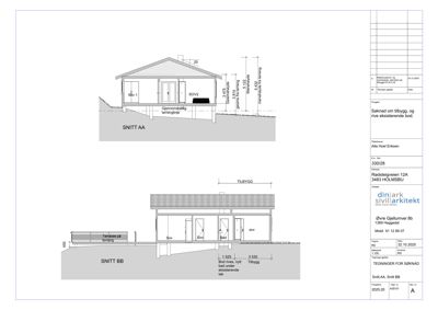 Snittegning (SNITT AA og SNITT BB) som viser tverrsnittet av en bygning med mål og detaljer.