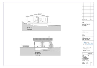 Snittegning (SNITT AA og SNITT BB) som viser tverrsnittet av en fritidsbolig med romfordeling og høyder.