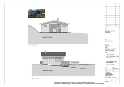 Fasadetegning som viser bygningens utseende sett fra nord og vest.