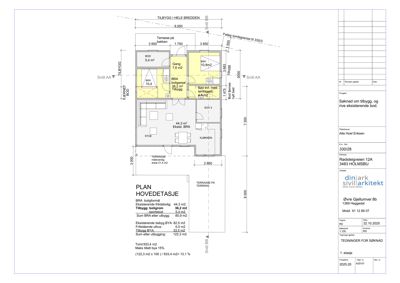 Etasjeplan (hovedetasje) som viser romfordeling, mål og areal for BRA, tilbygg og utleiligg.