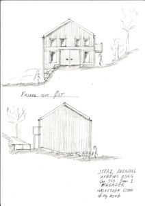 Håndtegnet fasadetegning som viser bygningens utseende fra øst og en sidefasade, med skriftlig oppgavebeskrivelse.