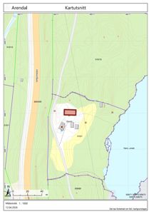 Situasjonsplan (kartutsnitt) som viser tomtens beliggenhet i forhold til nabolag, vegger, høydeforhold og eiendelsnummer.