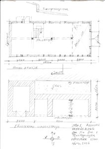 Snittegning som viser tverrsnitt gjennom bygningen, med oppgitt dimensjoner, konstruksjonsdetaljer (ståldrager, fundamenter) og etasjeskiller.