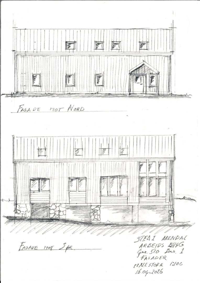 Håndtegnet fasadeoppvisning (elevation) av en bygning, vist fra to vinkler (Nord og Sør).