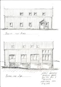 Håndtegnet fasadeoppvisning (elevation) av en bygning, vist fra to vinkler (Nord og Sør).