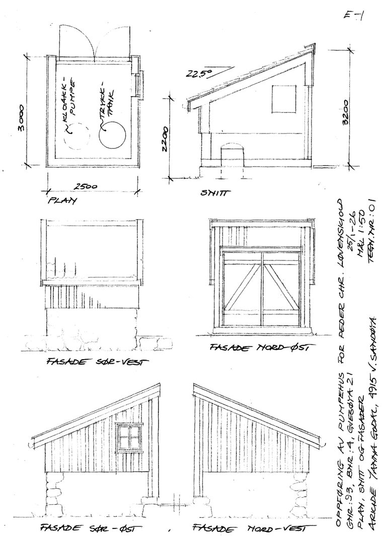 Fasadetegning og snitt for en pumpehusbygning, inkludert plan og mål.