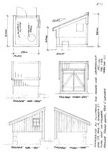 Fasadetegning og snitt for en pumpehusbygning, inkludert plan og mål.