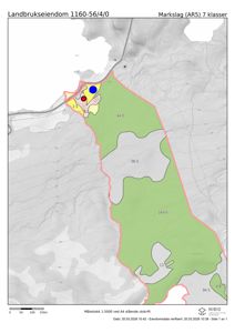 Kart over eiendom med markslag, høydemålerlinjer og arealoppdeling.