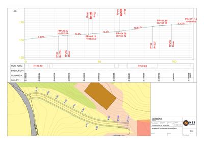 Situasjonsplan som viser topografi, vei, og bygningens plassering på tomt.