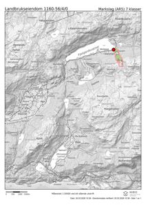 Kart over et område i Randsfjorden med topografi, vann og stedsnavn. En rød prikk markerer eiendommen 'Stølsmar' og en rosa linje viser en markert grense eller område.