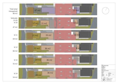 Etasjeplaner som viser romfordeling og areal for ulike etasjer (kl 10-14) i en bygning.