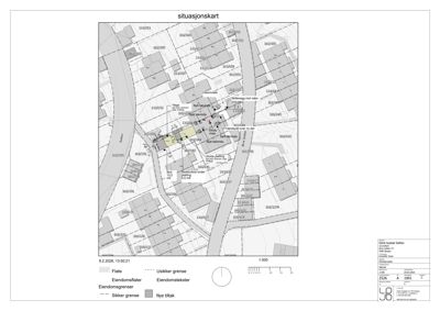 Situasjonskart som viser eiendomsgrenser, nabolag, veier og planlagte tiltak med skala 1:500.