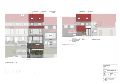 Fasadetegning som viser oppriss av bygningens ytre utseende, inkludert vinduer, dører, tak og fasadematerialer.