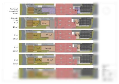 Etasjeplaner som viser romfordeling og areal for ulike etasjer (kl 10-14) i en bygning.