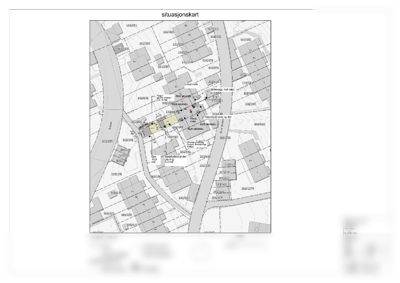 Situasjonskart som viser eiendomsgrenser, nabolag, veier og planlagte tiltak med skala 1:500.