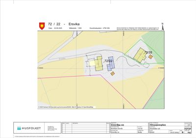 Situasjonsplan som viser tomtens beliggenhet, grenser (grønn og rosa linjer), eksisterende bygninger (72/35) og planlagt bygningsplassering (72/22).