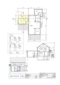 Bildet viser en tegning med etasjeplaner (1.etg, 2.etg), situasjonsplan og snitt gjennom huset.