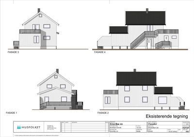 Fasadetegning som viser utsiden av en eksisterende bygning (Ersøvik 10) med fire ulike vinkler (Fasade 1-4).