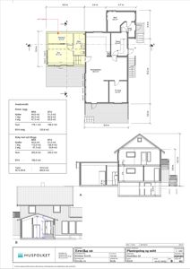 Bildet viser en detaljert etasjeplan (plan) for en bolig, inkludert romfordeling, mål og arealoppsett. Det inneholder også en fasade og et snitt, men hovedfokus er på plantegningen.