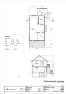Bildet viser en eksisterende tegning med etasjeplaner (kjeller, 1. og 2. etasje) samt et snitt av huset.