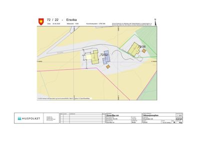 Situasjonsplan som viser tomtens beliggenhet i Ersvika, naboeiendommer (72/35), veier og grenser.