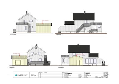 Fasadetegning som viser fire sider (Fasade 1-4) av en planlagt bygning med detaljer om tak, vinduer og utvendige vegger.