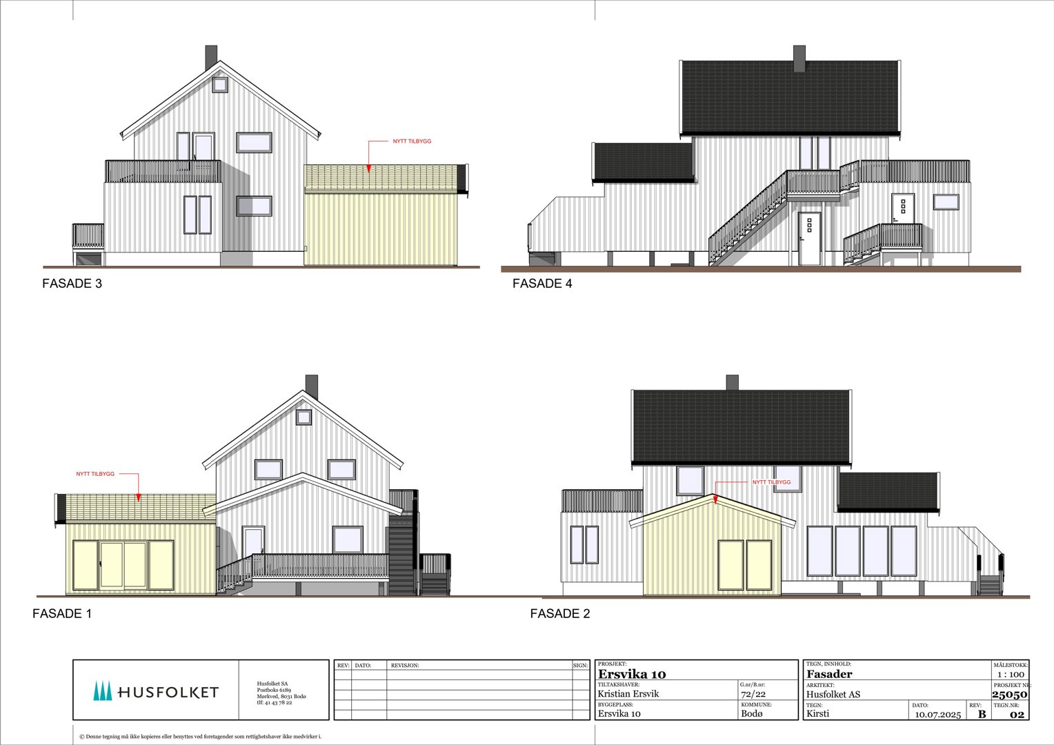 Fasadetegning som viser bygningens utseende fra fire ulike vinkler (Fasade 1-4) med detaljer om materialer og utforming.