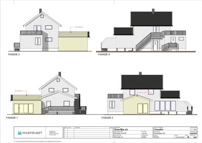 Fasadetegning som viser bygningens utseende fra fire ulike vinkler (Fasade 1-4) med detaljer om materialer og utforming.