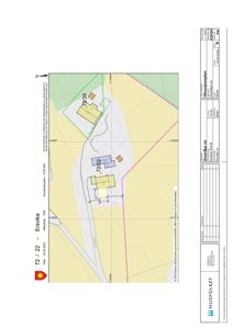 Situasjonsplan som viser tomtens beliggenhet, grenser, eksisterende bygninger (72/22 og 72/25) og topografi.
